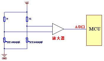 Thermistors NT1-NT2 and resistor R1 R2 form a bridge circuit