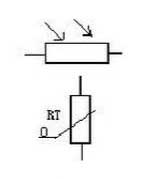 In the circuit diagram, the symbols of the photoresistor and the thermistor
